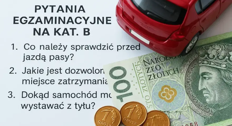 Pytania egzaminacyjne na kat. B, czerwony samochodzik, banknot 100 zł i grosze. Zastanawiasz się nad kurs prawa jazdy cena?