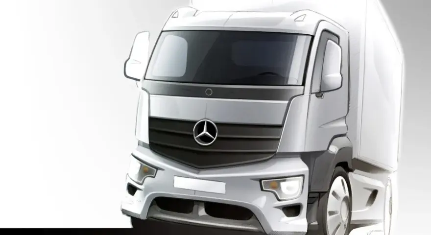 Szkic koncepcyjny ciężarówki Mercedes Antos z charakterystyczną atrapą chłodnicy i logo.