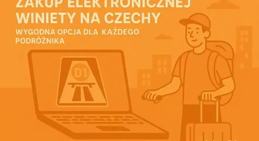 Kup e-winiety Czechy wygodnie online na winniety24.eu. Grafika przedstawia podróżnika z walizką i plecakiem przed laptopem z symbolem autostrady.