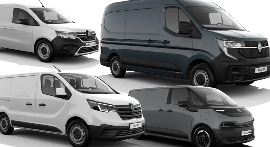 Kolekcja renault van: biały Kangoo Van, szary Master, biały Trafic i szary Trafic Van.