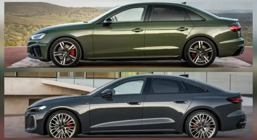 Dwa eleganckie sedany Audi: zielony na tle gór i ciemnoszary przy nowoczesnym budynku.