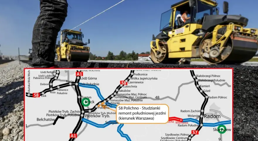 Na mapie zaznaczono remont południowej jezdni drogi S8 Polichno - Studzianki (kierunek Warszawa). W tle walec drogowy ubija nawierzchnię.