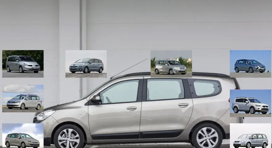 Kolekcja samochodów rodzinnych, w tym Dacia Lodgy, prezentowana na tle szarej ściany.