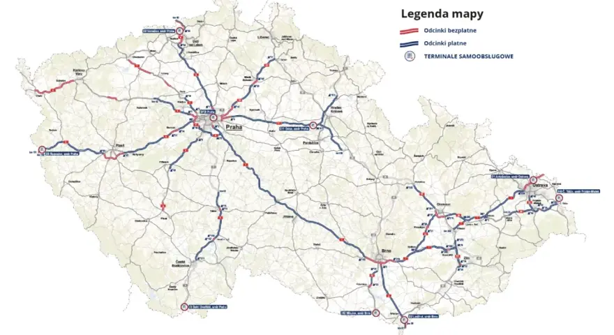 Mapa drog w Czechach. Czerwone linie to odcinki bezpłatne, niebieskie - płatne. Dowiedz się, ile kosztuje winieta na Czechy, analizując płatne trasy.