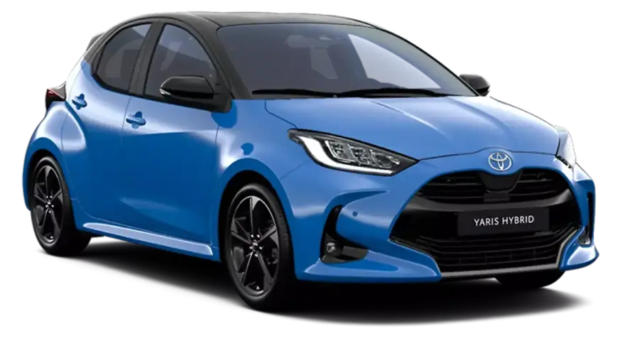Niebieski Toyota Yaris Hybrid z czarnym dachem. Sprawdź aktualną toyota yaris cena i wybierz swój wymarzony samochód.