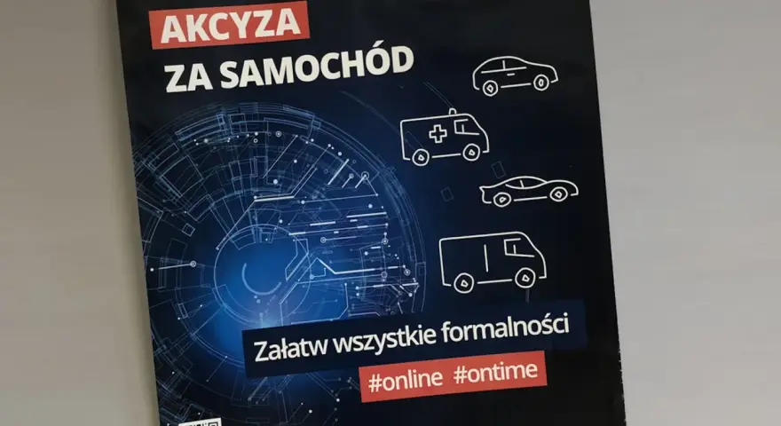 Akcyza za samochód – załatw formalności online i ontime. Grafika przedstawia różne pojazdy: auto, karetkę, sportowy samochód i vana.