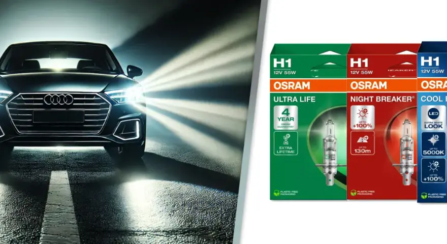 Ciemny samochód z włączonymi światłami drogowymi na drodze. Obok opakowania żarówek OSRAM H1: Ultra Life, Night Breaker, Cool Blue Intense.