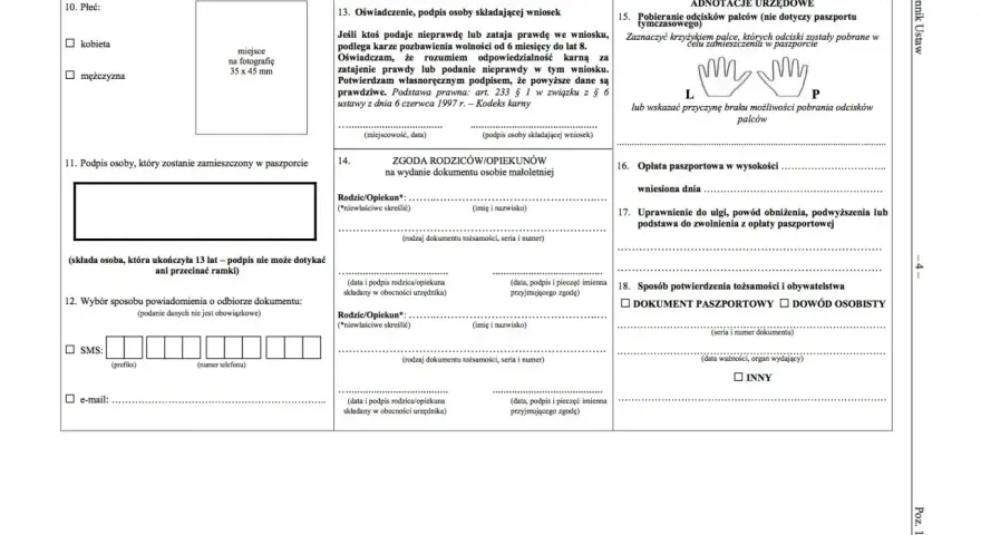 Fragment formularza wniosku o wydanie paszportu z polami do wypełnienia.