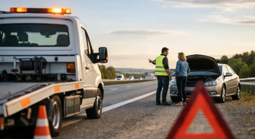 Awaria samochodu za granicą? Krótkoterminowe assistance pomoże Ci wrócić na drogę. Na poboczu stoi laweta, a kierowca rozmawia z kobietą przy otwartej masce auta.