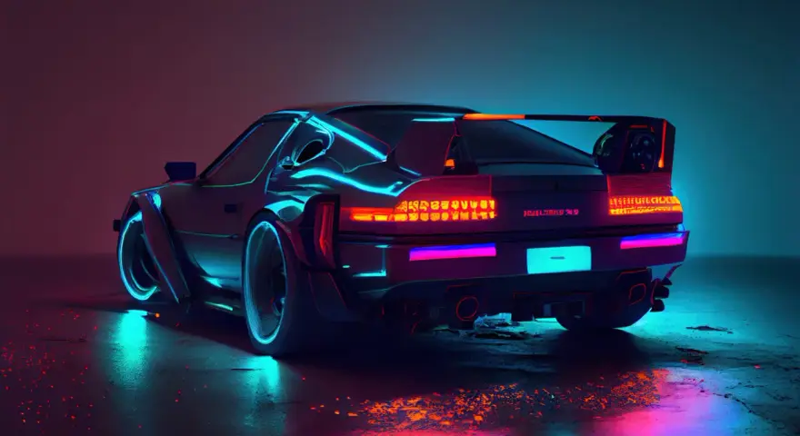 Neonowe, tanie sportowe auta w stylu retrofuturystycznym, odbijające się w mokrej nawierzchni.