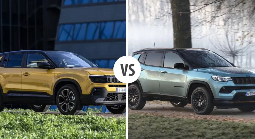 Dwa jeep suv: żółty Avenger na tle budynku i błękitny Compass na tle zimowego krajobrazu.