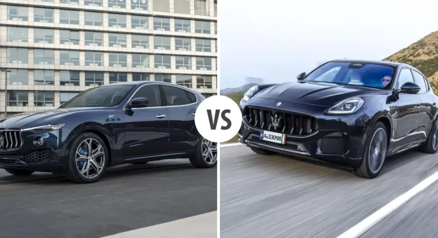 Dwa luksusowe Maserati SUV: jeden elegancki, stojący przed budynkiem, drugi dynamicznie pędzący po górskiej drodze.