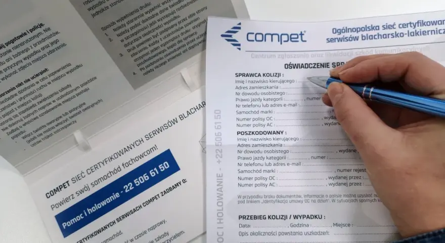 Formularz "Oświadczenie sprawcy kolizji" do zgłoszenia szkody z OC sprawcy. Wypełnia go kierowca odpowiedzialny za wypadek.