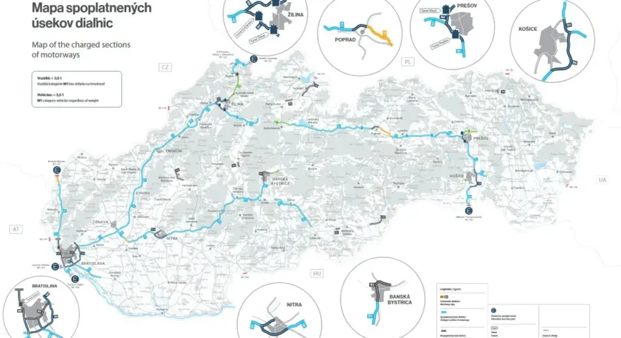 Mapa spoplatnených úsekov diaľnic na Slovensku s vyznačenými mestami a cestami.