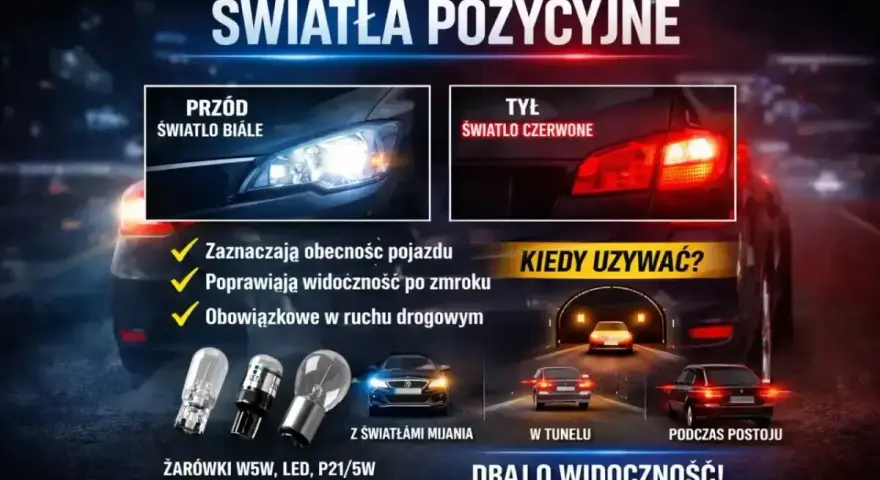 Światła pozycyjne i postojowe: białe z przodu, czerwone z tyłu. Zapewniają widoczność i bezpieczeństwo na drodze.