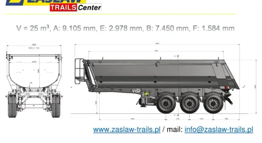 Rysunek techniczny naczepy Zasław. Wymiary: V=25 m³, A=9105 mm, E=2978 mm. Wysokość naczepy tira to 2,978 m.