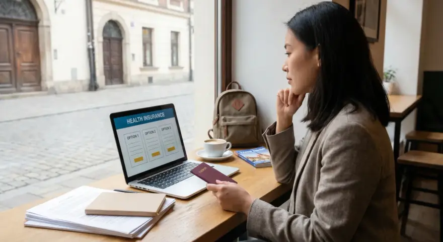 Kobieta analizuje opcje ubezpieczenia zdrowotnego na laptopie, trzymając paszport. W tle widać kawiarnię i ulicę.