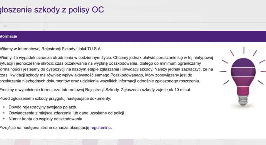 Zgłoś szkodę online w Link4. Sprawdź link4 opinie o szybkim procesie likwidacji szkody. Potrzebne dokumenty: dowód rej., oświadczenie, numer konta.