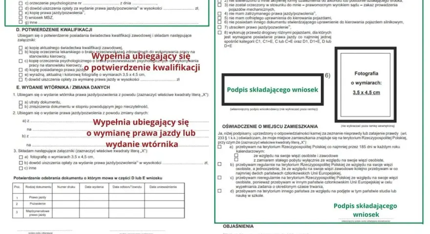 Formularz wniosku o wydanie prawa jazdy lub wtórnika, z miejscem na zdjęcie 3,5x4,5 cm. Wniosek dotyczy rejestracji samochodu online.