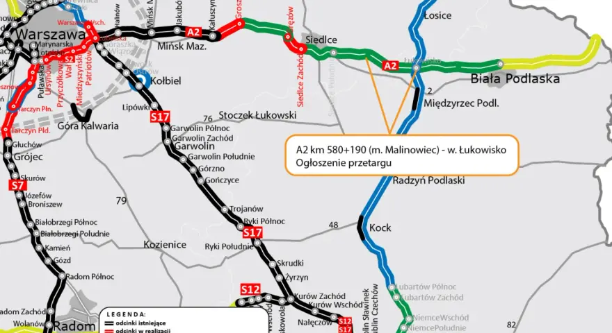 Mapa drogowa z zaznaczonymi autostradami A2, S7, S12, S17 i S2 oraz informacją o przetargu na odcinek A2.