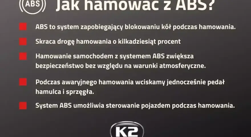 Jak hamować z ABS? System zapobiega blokowaniu kół, skraca drogę hamowania i zwiększa bezpieczeństwo. Z ABS-em zachowasz sterowność.