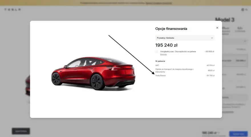 Czerwony Tesla Model 3, cena 195 240 zł. Opcje finansowania uwzględniają VAT, transport i Tesla Bonus.
