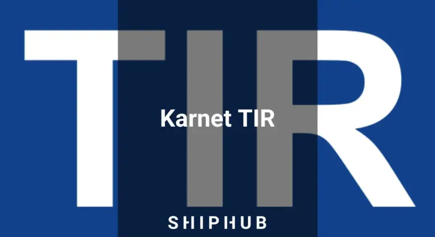 Duże białe litery TIR na granatowym tle. Pośrodku napis "Karnet TIR" i poniżej "SHIPHUB".