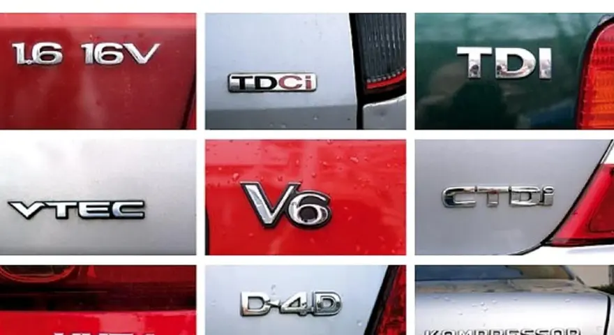 Różne oznaczenia silników samochodowych: 1.6 16V, TDCi, TDI, VTEC, V6, CTDi, D-4D. Niektóre z nich to oznaczenia silników diesel.