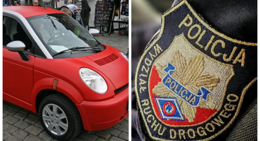 Czerwony pojazd, który może być prowadzony bez prawa jazdy, obok naszywki policji.