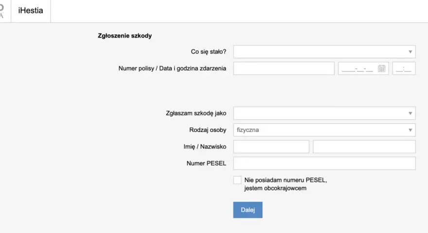 Formularz zgłoszenia szkody w Hestii. Wpisz dane zdarzenia, polisy, osoby zgłaszającej i numer PESEL.