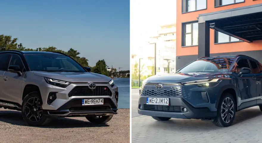 Dwa modele Toyota SUV: srebrny RAV4 GR Sport nad jeziorem i granatowy Corolla Cross przed nowoczesnym budynkiem.