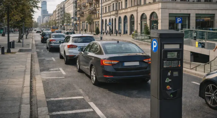 Parkomat przy ulicy, gdzie samochody czekają w kolejce. Opłata za parkowanie wynosi euro 5.