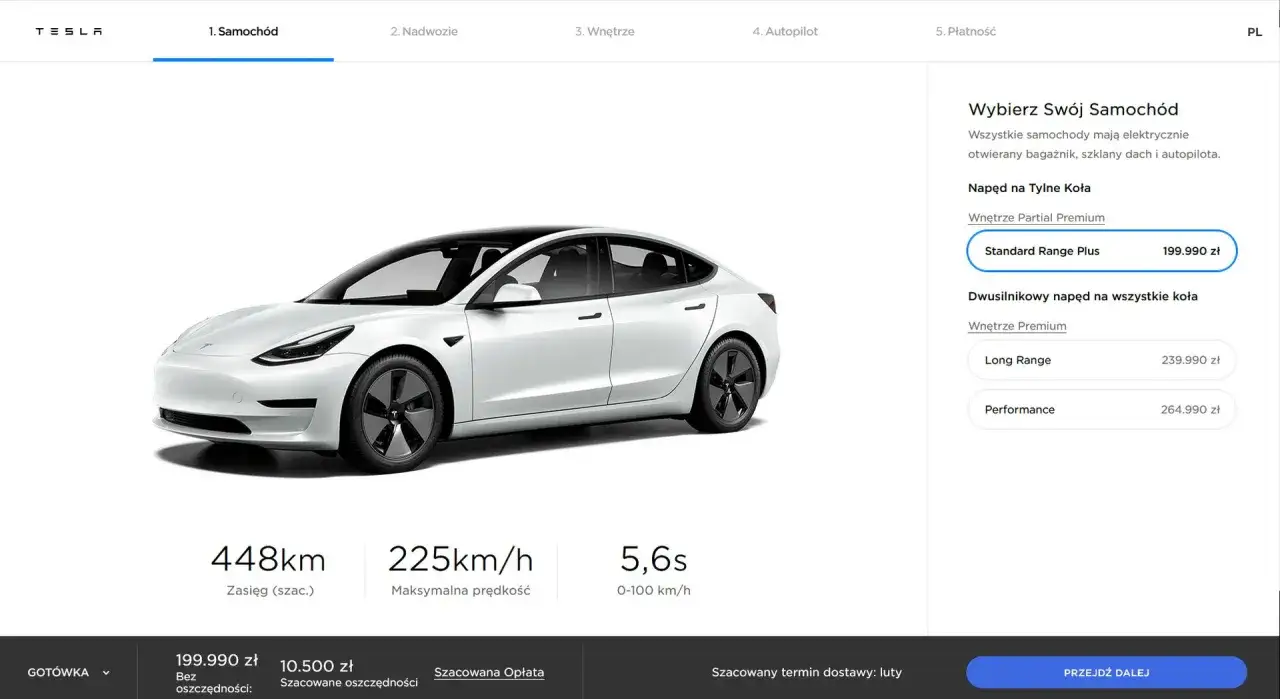 Biały Tesla Model 3, cena 199.990 zł za wersję Standard Range Plus. Zasięg 448 km.