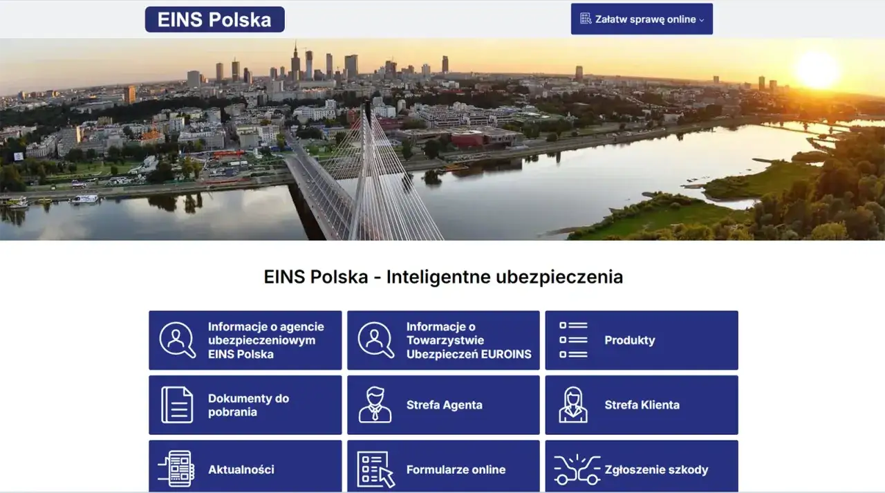 Strona EINS Polska z panoramą Warszawy. Sekcje: informacje o agencjach, produkty, dokumenty, strefa agenta, aktualności, strefa klienta, formularze, zgłoszenie szkody. Sprawdź euroins opinie.