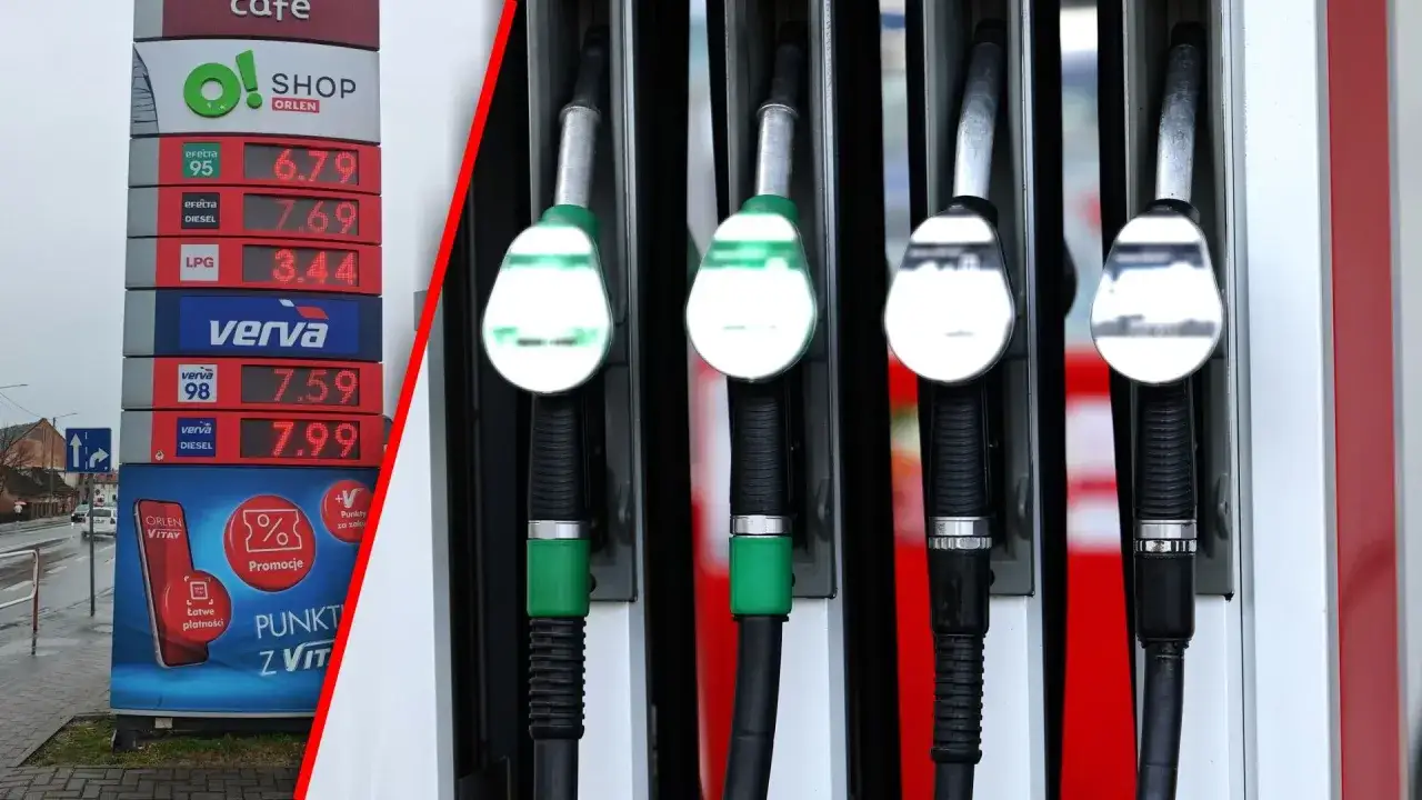 Cennik stacji Orlen: Vervа 98 kosztuje 7.59, a Diesel 7.99. Obok wiszą dystrybutory paliwa.