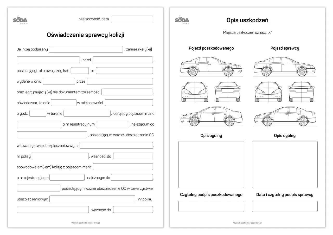 Oświadczenie sprawcy szkody w kolizji drogowej, zawierające dane kierowcy, pojazdu i opis zdarzenia.