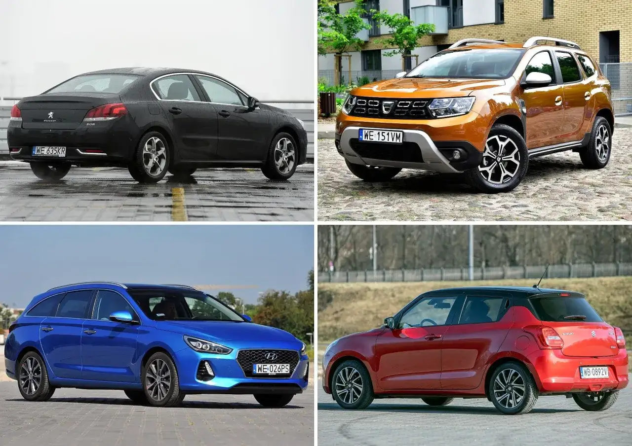 Czarny Peugeot 508, pomarańczowy Dacia Duster, niebieski Hyundai i30 kombi, czerwony Suzuki Swift. Jakie auto do 50 tys. wybrać?