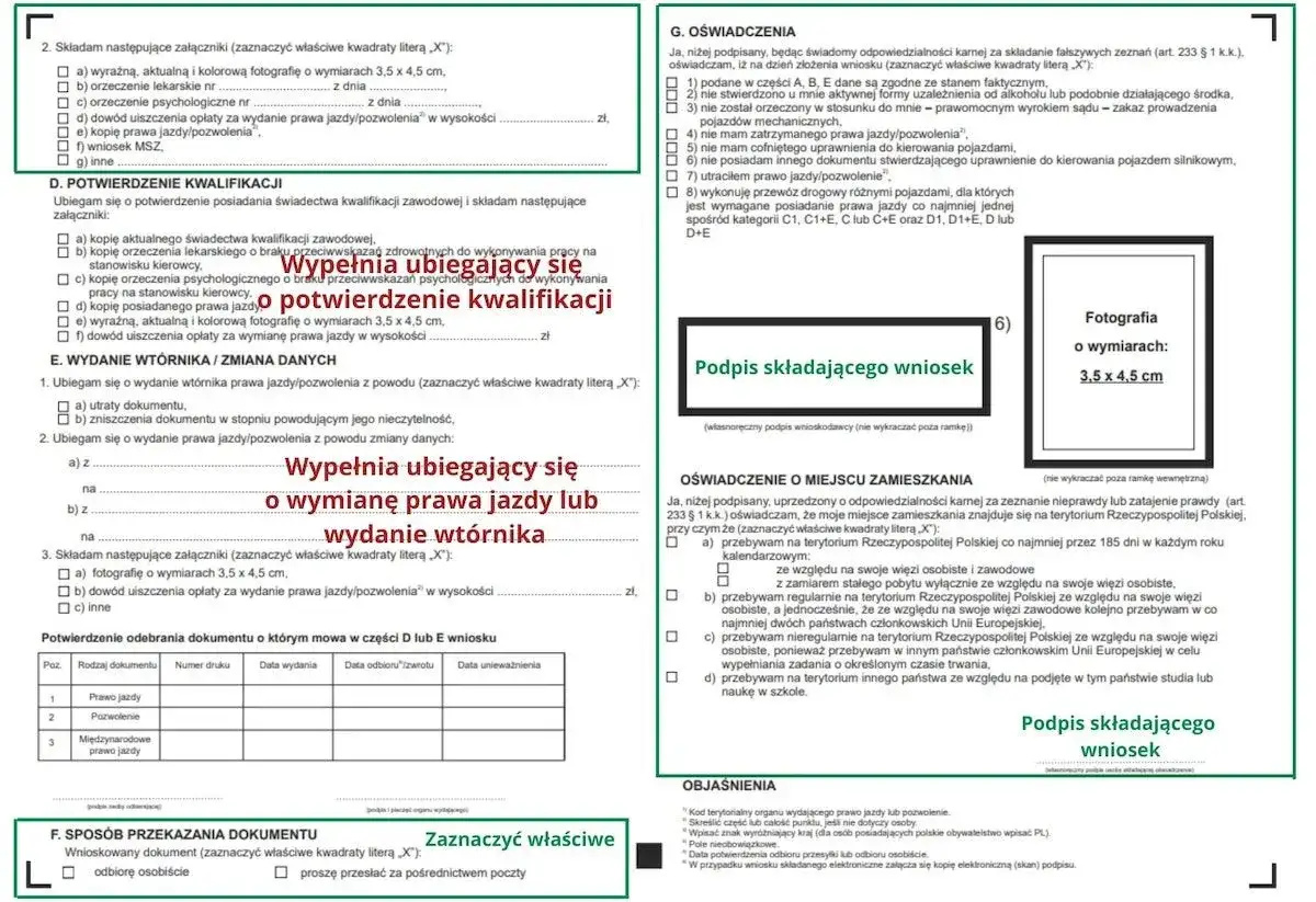 Wniosek o wydanie wtórnika lub wymianę prawa jazdy, zdjęcie 3,5x4,5 cm, potwierdzenie opłaty, oświadczenie o miejscu zamieszkania. Prawo jazdy bezterminowe.