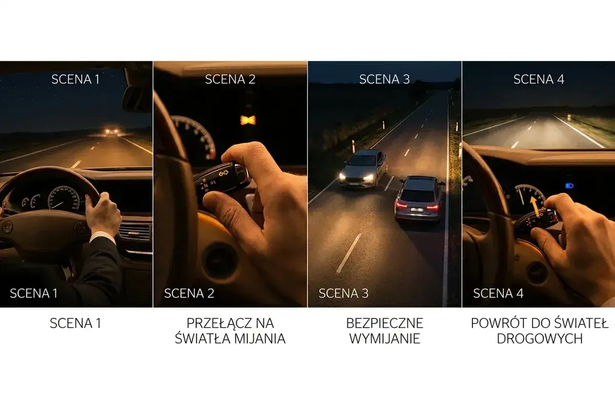 Scena 1: jazda nocą. Scena 2: zmiana świateł. Scena 3: bezpieczne wymijanie. Scena 4: powrót do świateł drogowych.
