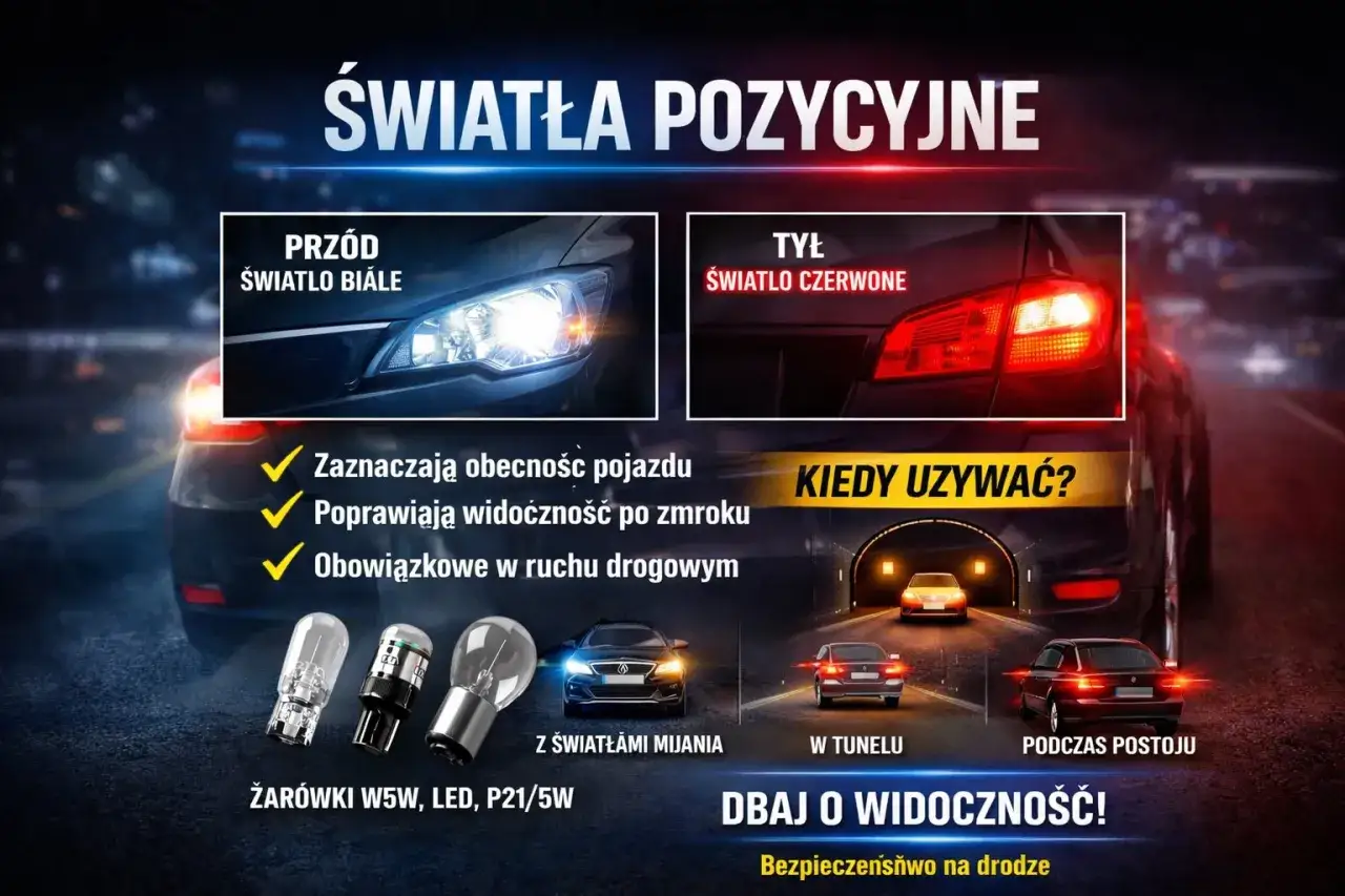 Światła pozycyjne i postojowe: białe z przodu, czerwone z tyłu. Używaj ich w tunelu i podczas postoju.
