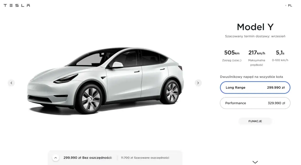 Biały Tesla Model Y Long Range, którego tesla model y cena wynosi 299.990 zł, z zasięgiem 505 km.