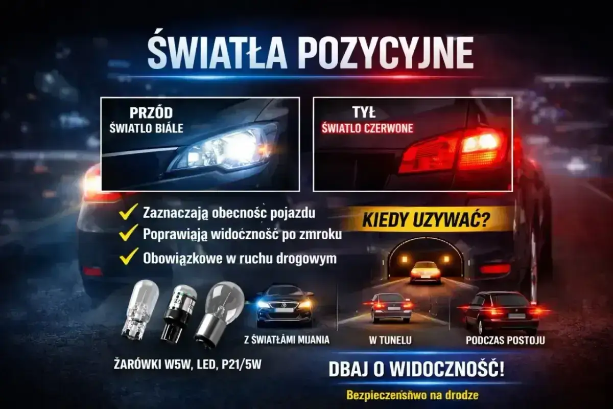 Światła pozycyjne: białe z przodu, czerwone z tyłu. Zapewniają widoczność w dzień i w nocy, obowiązkowe w ruchu drogowym.
