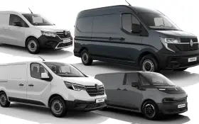 Kolekcja renault van: biały Kangoo Van, szary Master, biały Trafic i szary Trafic Van.