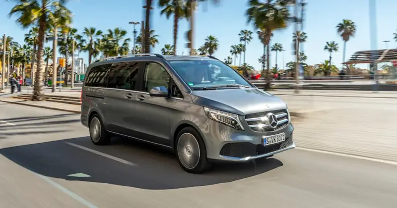 Szary Mercedes minivan jedzie ulicą w słoneczny dzień, otoczony palmami.