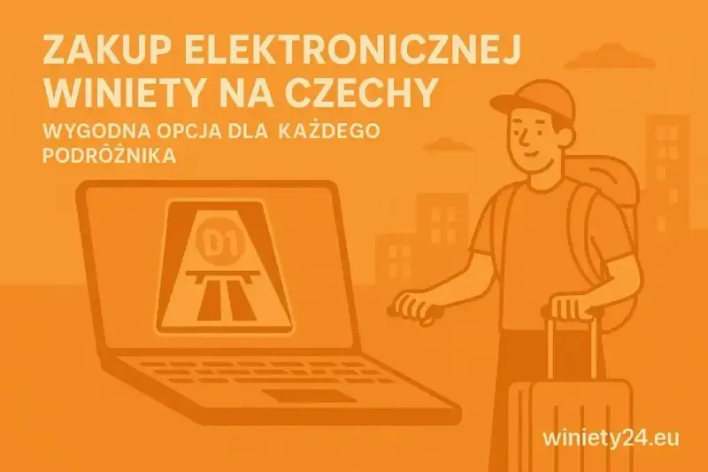 Kup e-winiety Czechy wygodnie online na winniety24.eu. Grafika przedstawia podróżnika z walizką i plecakiem przed laptopem z symbolem autostrady.