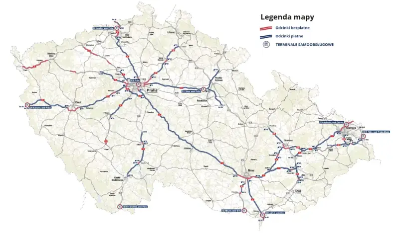Mapa drog w Czechach. Czerwone linie to odcinki bezpłatne, niebieskie - płatne. Dowiedz się, ile kosztuje winieta na Czechy, analizując płatne trasy.