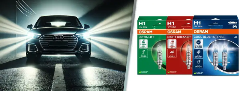 Ciemny samochód z włączonymi światłami drogowymi na drodze. Obok opakowania żarówek OSRAM H1: Ultra Life, Night Breaker, Cool Blue Intense.