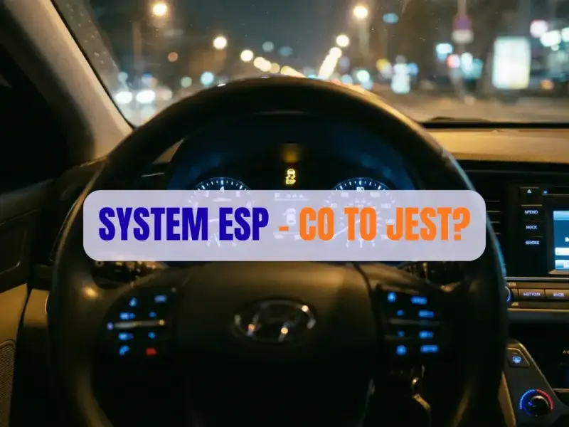 Kierownica samochodu nocą. Na desce rozdzielczej świeci kontrolka ESP, a na ekranie napis "SYSTEM ESP - CO TO JEST?".
