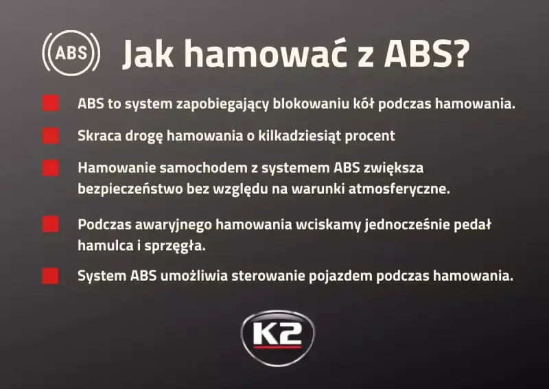 Jak hamować z ABS? System zapobiega blokowaniu kół, skraca drogę hamowania i zwiększa bezpieczeństwo. Z ABS-em zachowasz sterowność.